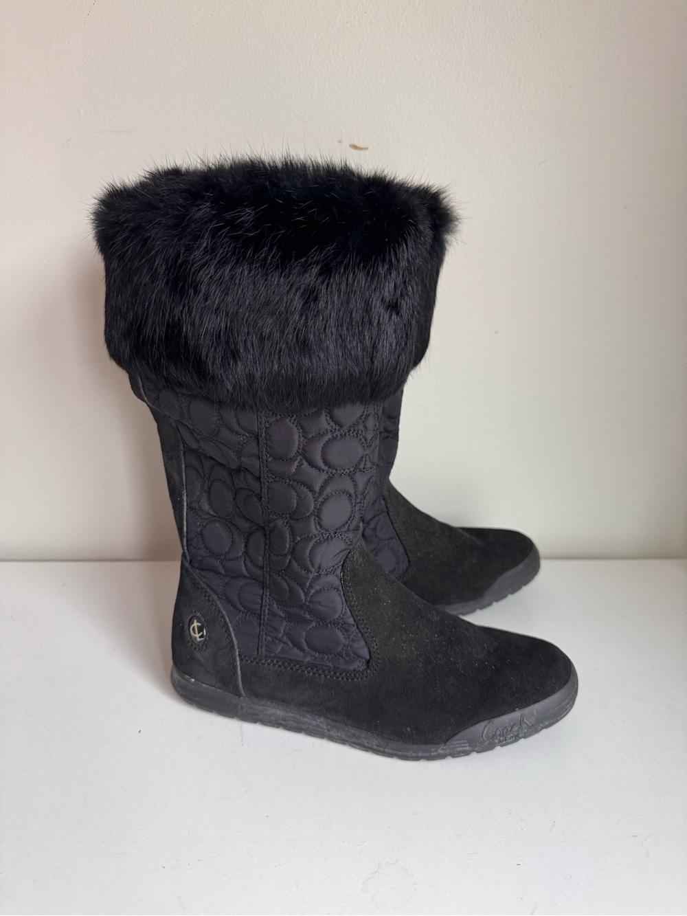 Coach Talen Quilted Black Signature Suede Rabbit Fur Winter Boots Size 6